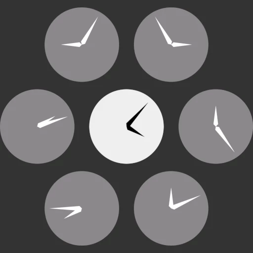 A collection of clocks displaying different times of the day. The middle clock is highlighted and shows the current time.