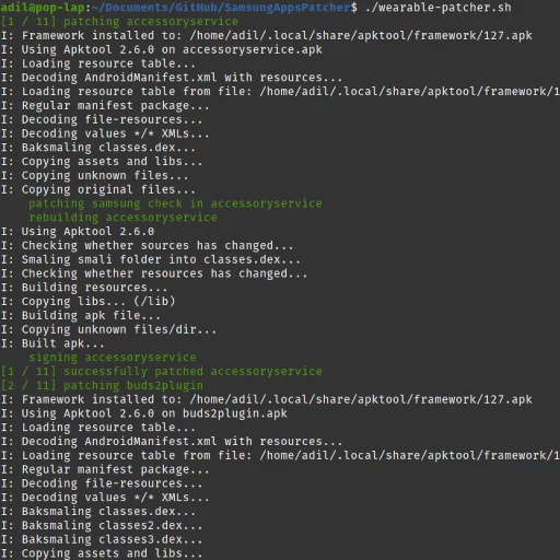Screenshot of a terminal interface in the process of patching several Samsung apps