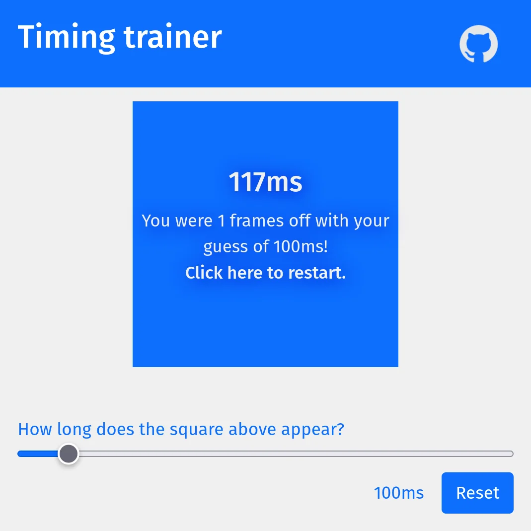 Screenshot of timing trainer success screen.